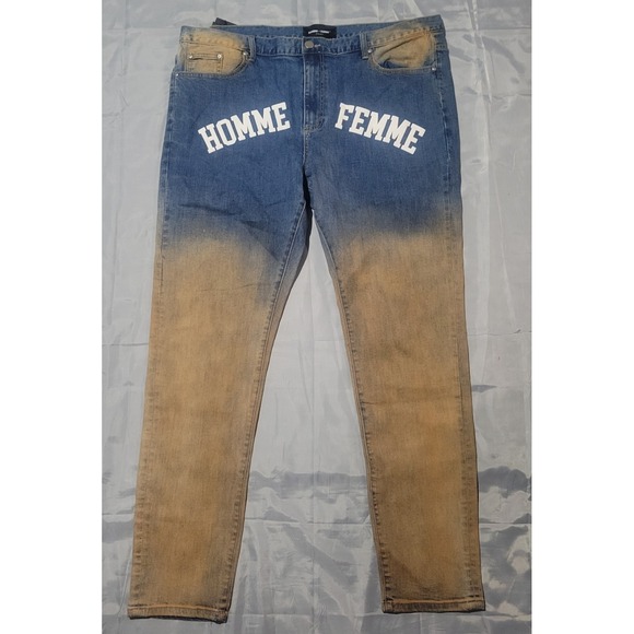NWT‎ Homme Femme Jeans Mens 44 Letterman Spell Out Distressed New Retail $135 - Picture 1 of 16
